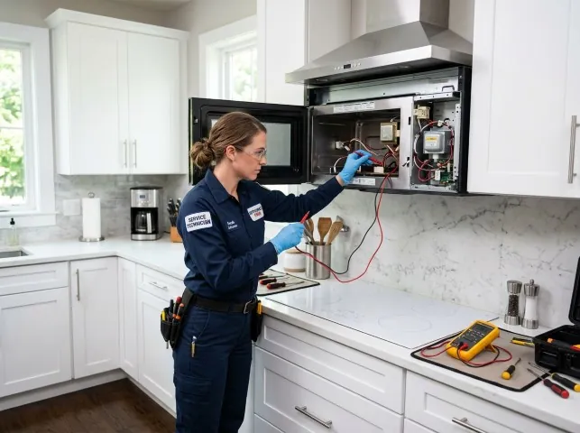 Appliance Repair Hero technician testing an over-the-range microwave in a Adams, WI kitchen